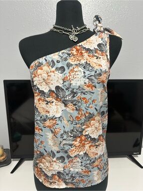 One-Shoulder Floral Tie-Strap Dress - Blue and Rust
